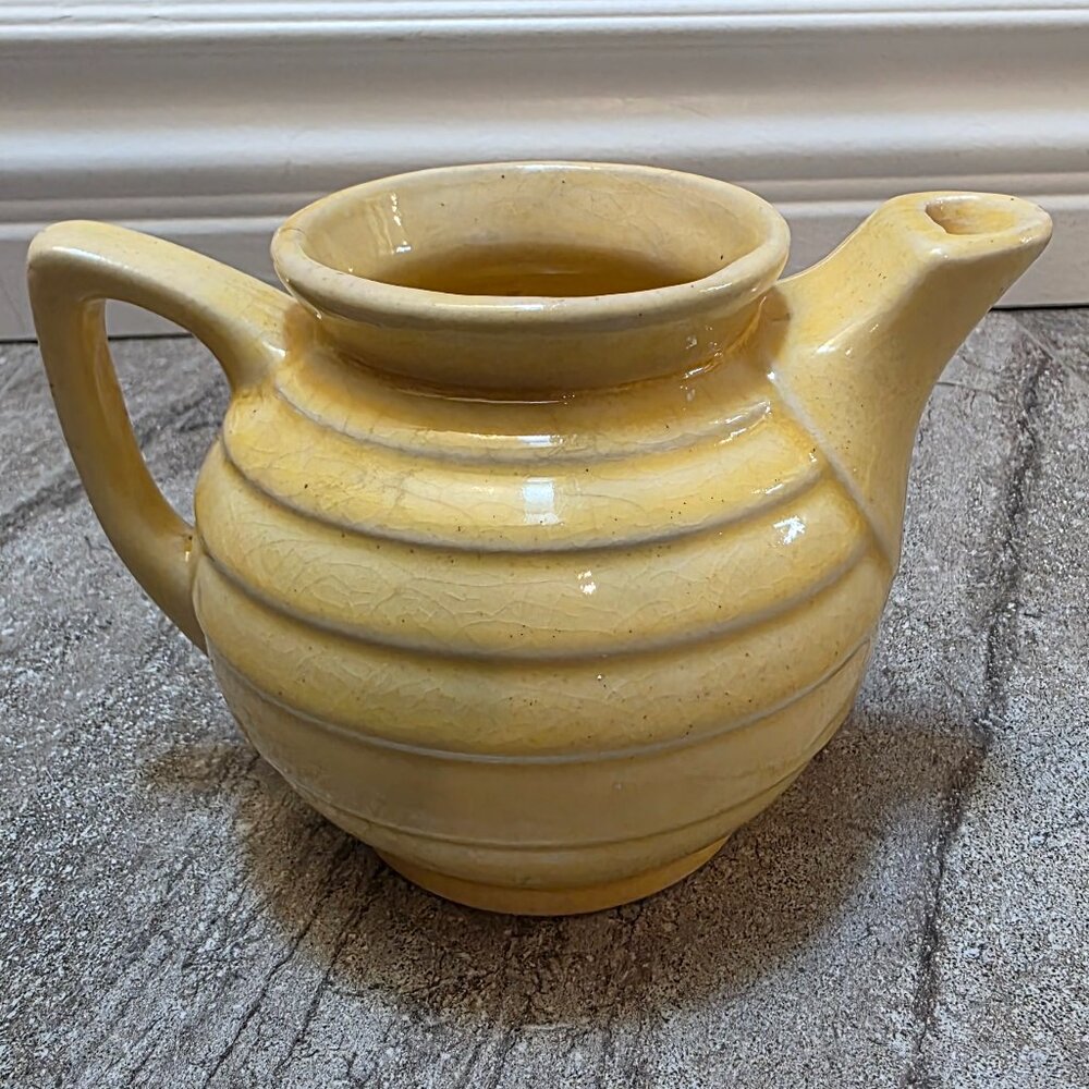 Vintage McCoy Teapot yellow brush rings gold round small